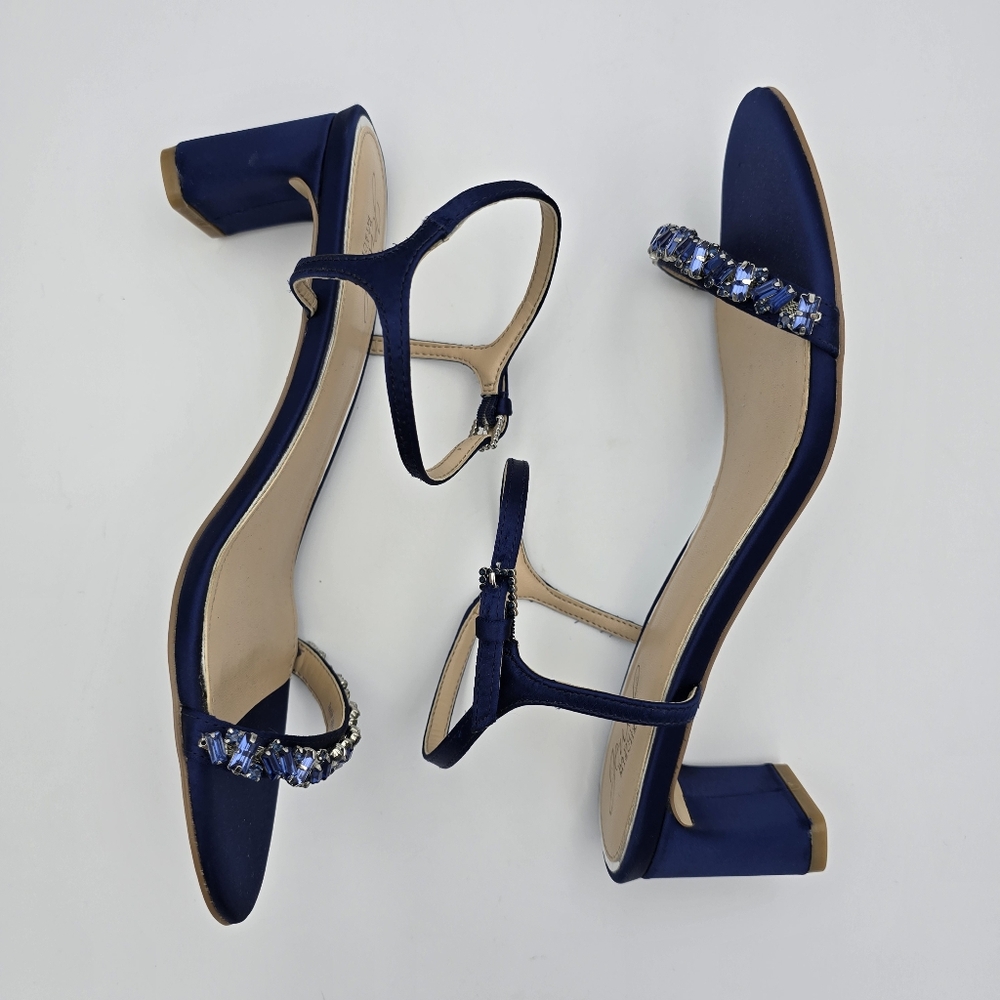 Jewel Badgley Mischka Dagny Strappy Low Block Heel Sandals, Navy Blue, Women 9.5 - Picture 16 of 16